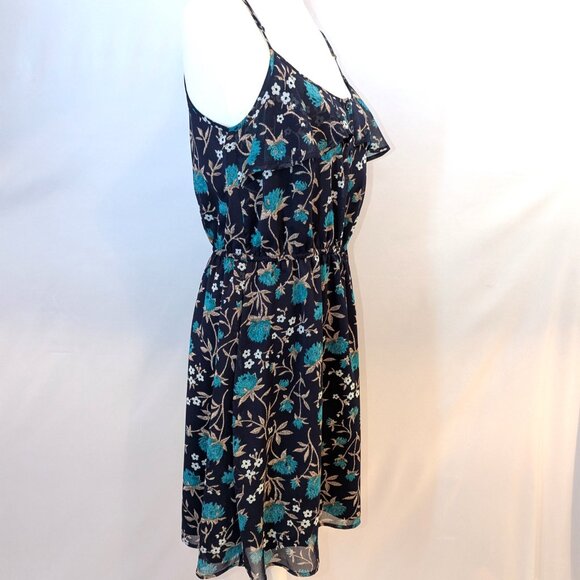 LOFT | Floral Button Front Spaghetti Strap Mini Dress in Navy & Turquoise | 6 - Picture 4 of 13